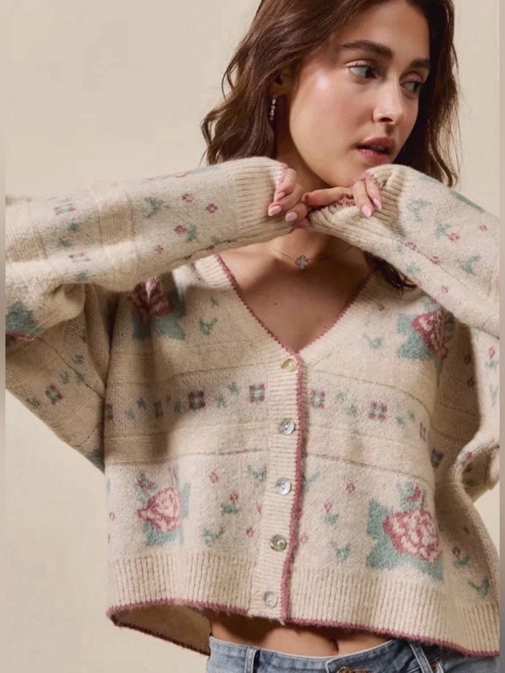 SO ME Floral Pattern Cardigan Long Sleeve Button Sweater Size Large